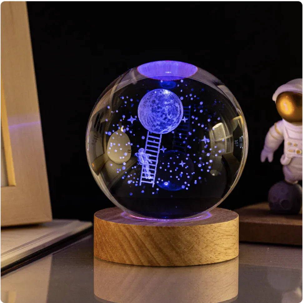 Glowing Crystal Ball Night Light with Milky Way Solar System Astronaut Design