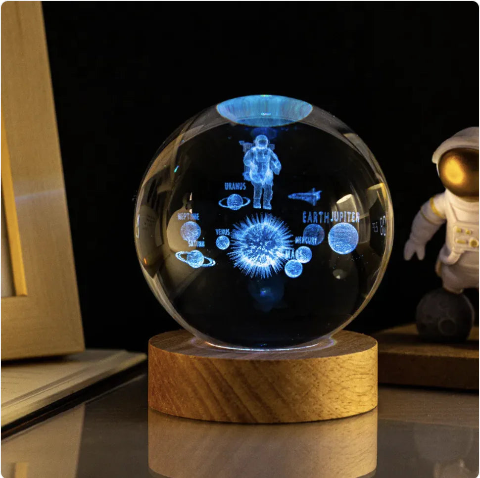 Glowing Crystal Ball Night Light with Milky Way Solar System Astronaut Design